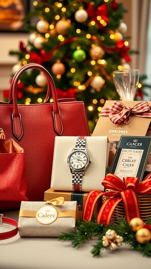 Luxury Christmas gifts including a designer handbag, watch, and gourmet food basket with festive decorations.